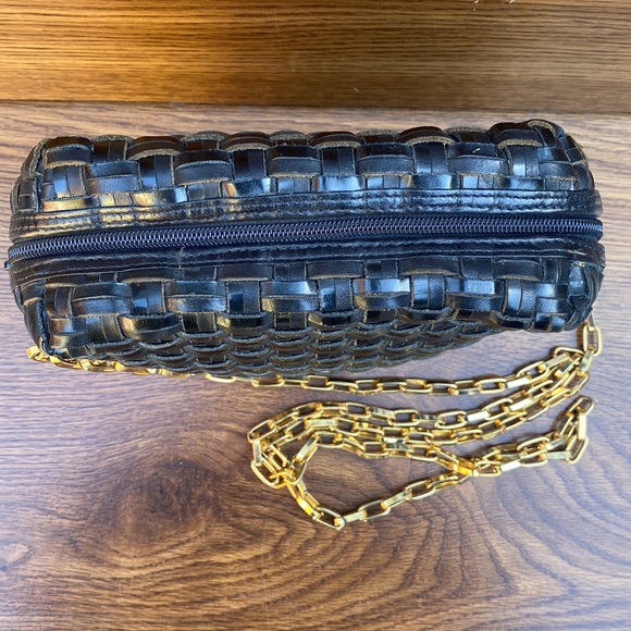 BLACK LEATHER WOVEN CROSSBODY  (GOLD CHAIN STRAP) - Picture 3 of 12